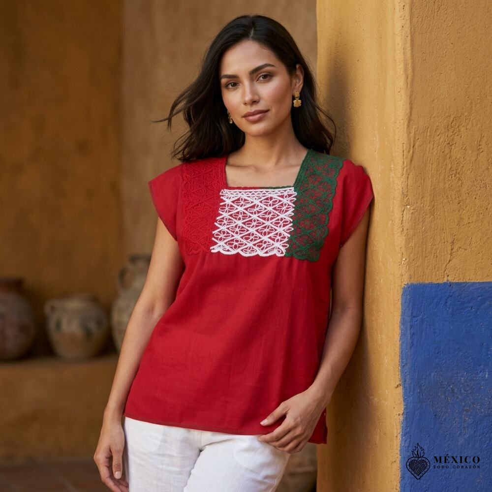 Traditional Mexican Huipil Blouse – Handmade Embroidered Manta Top  21X23 IN